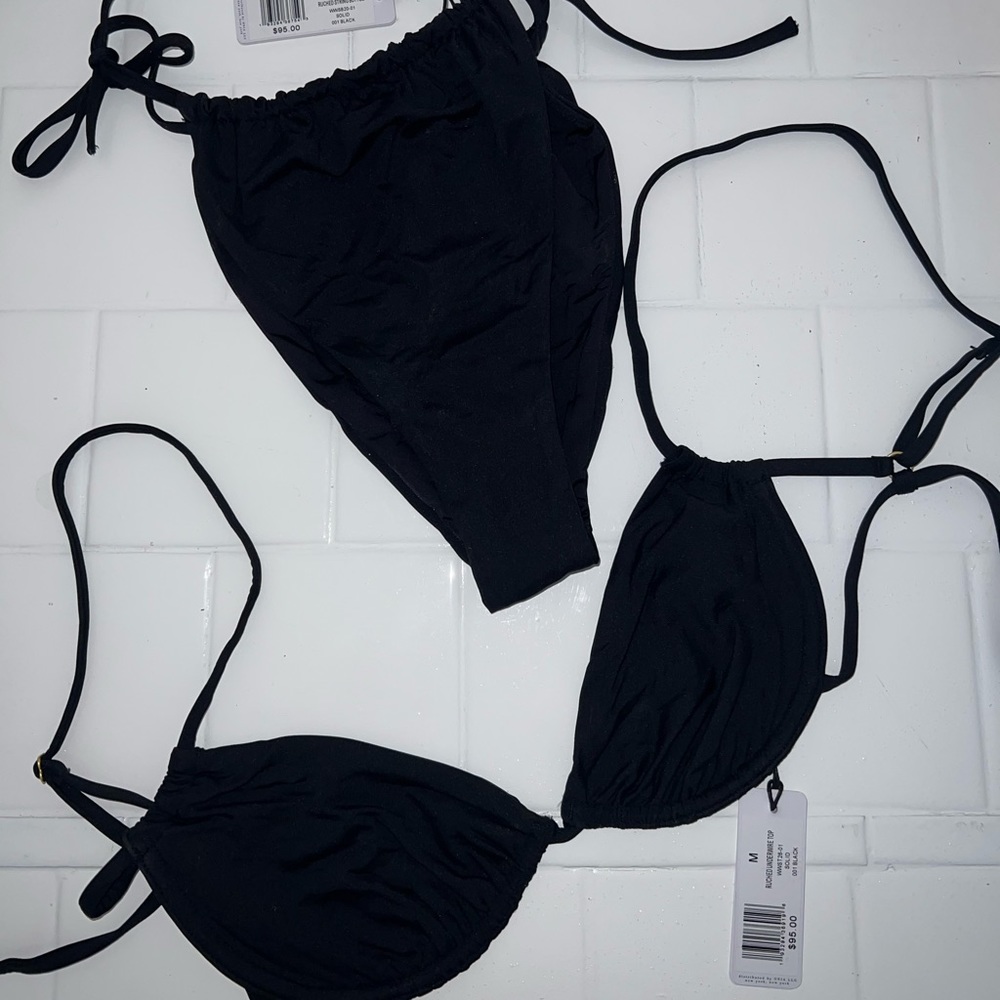 WeWoreWhat Vintage Ruched Underwire Bikini Top High Leg Tie Side Bottoms Black